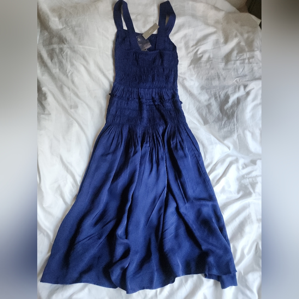 Jcrew Smocked midi dress in summer Navy Blue Bnwt - Picture 8 of 13